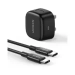 UGREEN 50577 20W PD Fast Charger Black UK 3 pin power brick next to its included high durability USB Type-C charging cable resting on a seamless white background