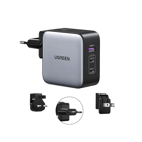 UGREEN 90409 GaN 65W Fast Charger 3-Port space gray square three pin adapter showing its two USB-C ports and one USB-A port on a clear white background