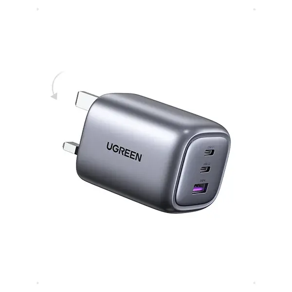 UGREEN 90663 Nexode 65W Charger UK Space Gray rectangular three pin wall adapter highlighting its dual USB Type-C slots and single USB Type-A port on a clean white background