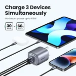 UGREEN 90663 Nexode 65W Charger UK Space Gray rectangular three pin wall adapter highlighting its dual USB Type-C slots and single USB Type-A port on a clean white background