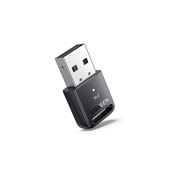 UGREEN 35058 ultra compact micro nano size USB wireless Bluetooth 5.4 adapter dongle in a matte black finish showcasing the official crisp white UGREEN logo and a standard gold plated USB-A connector interface