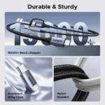 UGREEN 45009 CM772 2-in-1 audio adapter cable layout showing its USB Type-C male source connector split down into a 3.5mm male audio aux plug and dual USB-C plus USB-A charging interface inputs enclosed in space-gray aluminum shells with black braided jackets