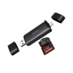 UGREEN 65024 2-in-1 USB-C/USB-A Card Reader dongle with dual protective caps showing the USB-A male end and USB-C male end with SD and Micro SD slots on a white background