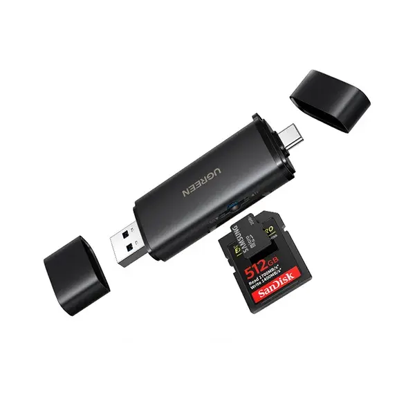 UGREEN 65024 2-in-1 USB-C/USB-A Card Reader dongle with dual protective caps showing the USB-A male end and USB-C male end with SD and Micro SD slots on a white background