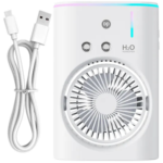 DP-7688 Rechargeable Fan and Humidifier showing the compact white ABS desktop casing frame, front multi-blade cooling grille panel, top mist sprayer nozzle, status buttons, and built-in LED light layout