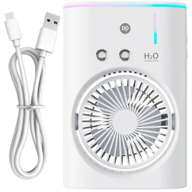 DP-7688 Rechargeable Fan and Humidifier showing the compact white ABS desktop casing frame, front multi-blade cooling grille panel, top mist sprayer nozzle, status buttons, and built-in LED light layout