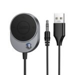 Hoco E150 Path car AUX BT wireless receiver adapter with integrated 1.5m flexible stretchable coiled spring cable, HD calling microphone button, and USB power plug turn on