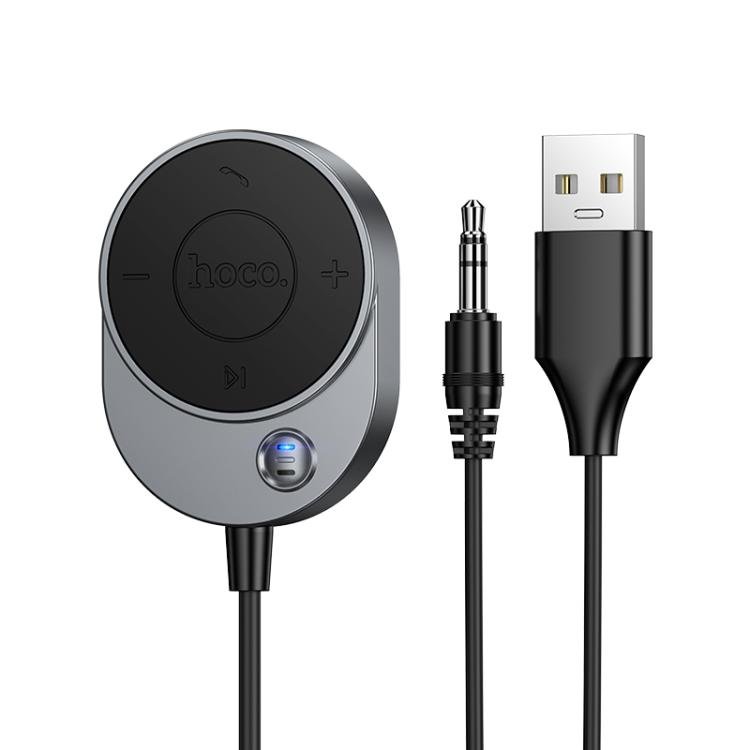 EDA008632301A Hoco E150 Path car AUX BT wireless receiver adapter with integrated 1.5m flexible stretchable coiled spring cable, HD calling microphone button, and USB power plug turn on