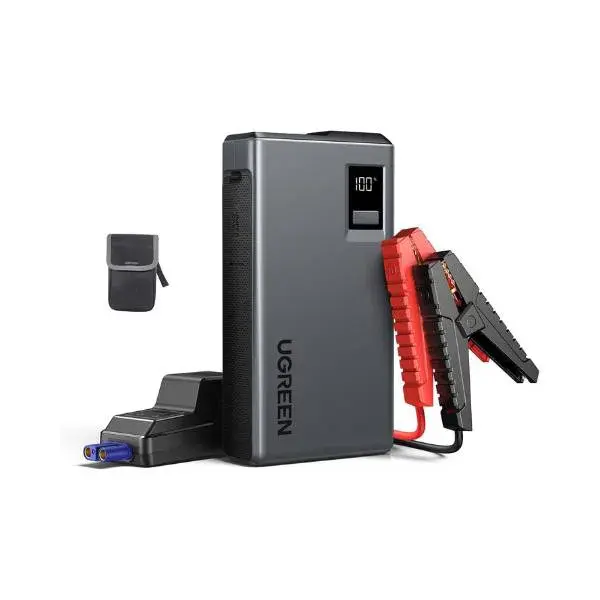 UGREEN 35977 12000mAh Car Jump Starter 1000A ES702 showing a rugged matte black portable block jump starter unit with integrated digital LCD battery display screen, heavy-duty smart jumper cables with red and black protection clamps configuration view