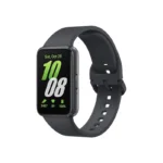 SAMSUNG Galaxy Fit3 smart fitness tracker showing 1.6 inch AMOLED touchscreen display aluminum metal watch case silicone sport strap tracking steps heart rate graph sleep coaching application notification alert interface magnetic charging pins front view turn on color options