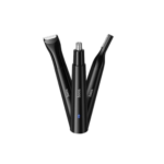 Hoco HP37 3-in-1 Multi-Functional Nose Hair Trimmer showing the compact black cylindrical ABS body shell, detachable stainless steel rotary trimmer head, and the bonus eyebrow and razor blade accessories layout