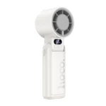 HOCO HX603 Handheld Foldable Cooling Fan showing the compact matte casing frame body, multi-blade front fan grille assembly layout, physical control power button panel, and the 180 degree folding handle structure configuration