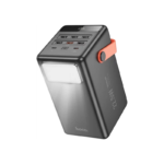 Hoco MMJ21 Action 100000mAh Power Bank showing the large black rugged ABS casing body, front interface with 8 USB output ports, digital battery percentage screen, and the built-in side carry handle strip layout