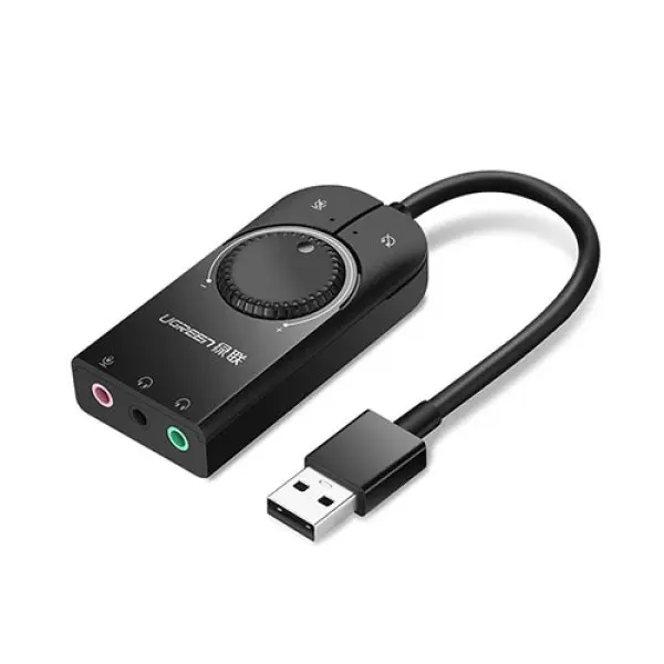 UGREEN 40964 USB external stereo sound card adapter in a sleek black finish featuring a 15cm flexible cable connection, a USB-A male input plug, and dedicated green headphone and pink microphone 3.5mm auxiliary output ports