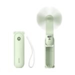 JISULIFE F8 3-in-1 mini foldable fan portable rechargeable pocket fan showing foldable body handle soft TPE safety blades emergency 2000mah mobile power bank feature built-in LED flashlight desktop position front view pastel colors