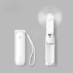 JISULIFE F8X Mini Fan new upgrade version portable rechargeable pocket fan showing 3-in-1 foldable body handle soft TPE safety blades emergency mobile power bank feature built-in LED flashlight desktop position front view pastel colors