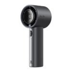 JISULIFE FA53 Pro1S Handheld Fan premium aluminum alloy portable turbo fan showing 100 speed stepless scroll wheel LED digital percentage display three phase brushless motor 15000 RPM fan head Type-C 18W fast charging port lifestyle travel use front view grey color