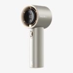 JISULIFE FA53 Pro1S Handheld Fan premium aluminum alloy portable turbo fan showing 100 speed stepless scroll wheel LED digital percentage display three phase brushless motor 15000 RPM fan head Type-C 18W fast charging port lifestyle travel use front view grey color
