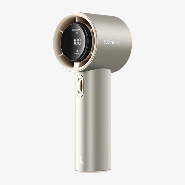 JISULIFE-Pro1-S-Handheld-Fan-2 JISULIFE FA53 Pro1S Handheld Fan premium aluminum alloy portable turbo fan showing 100 speed stepless scroll wheel LED digital percentage display three phase brushless motor 15000 RPM fan head Type-C 18W fast charging port lifestyle travel use front view grey color