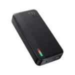 Joyroom JR-T017 Dazzling Series 20000mah 12W Power Bank showing the long black textured ABS casing body, front premium panel with 4-level LED capacity indicator lights, dual USB output ports, and Type-C input slot layout