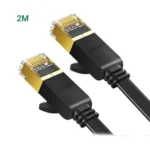 UGREEN 11261 Cat 7 U/FTP Lan Cable Flat Design 2m Black NW106 showing the ultra thin flexible flat PVC jacket wire layout, premium gold plated RJ45 male connector pins, molded strain relief boots, and protective dust caps configuration