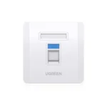 UGREEN 80180 Single-Port Wall Plate showing a clean minimalist white square plastic electrical faceplate with a single central square keystone cutout opening for an RJ45 network jack view`