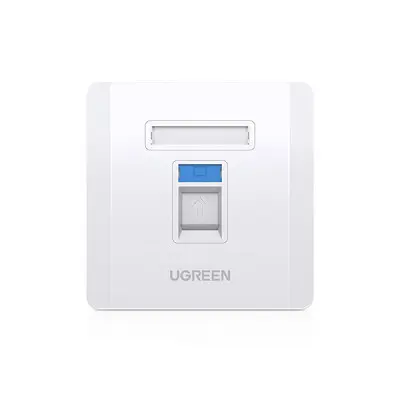 UGREEN 80180 Single-Port Wall Plate showing a clean minimalist white square plastic electrical faceplate with a single central square keystone cutout opening for an RJ45 network jack view`