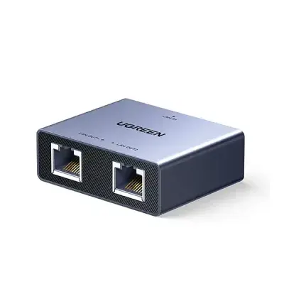 UGREEN 45311 Gigabit Ethernet Splitter 1 to 2 showing a compact matte black aluminum active network hub box with one RJ45 input and two RJ45 output ports alongside LED status lights view