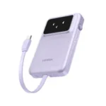 UGREEN 35604B 10000mAh 30W Power Bank with Built-in Cable showing a cute robot themed purple portable backup battery pack with an animated smart emoji TFT status screen showing a face view