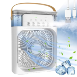 Rechargeable Air Cooler Fan with Humidifier showing a compact vertical white personal desktop air cooling fan with a top 600ml transparent water tank, five front ultrasonic mist spray nozzles, simple control buttons, a leather carry strap, and subtle glowing LED ambient accent lighting layout view