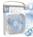 Rechargeable Air Cooler Fan with Humidifier showing a compact vertical white personal desktop air cooling fan with a top 600ml transparent water tank, five front ultrasonic mist spray nozzles, simple control buttons, a leather carry strap, and subtle glowing LED ambient accent lighting layout view
