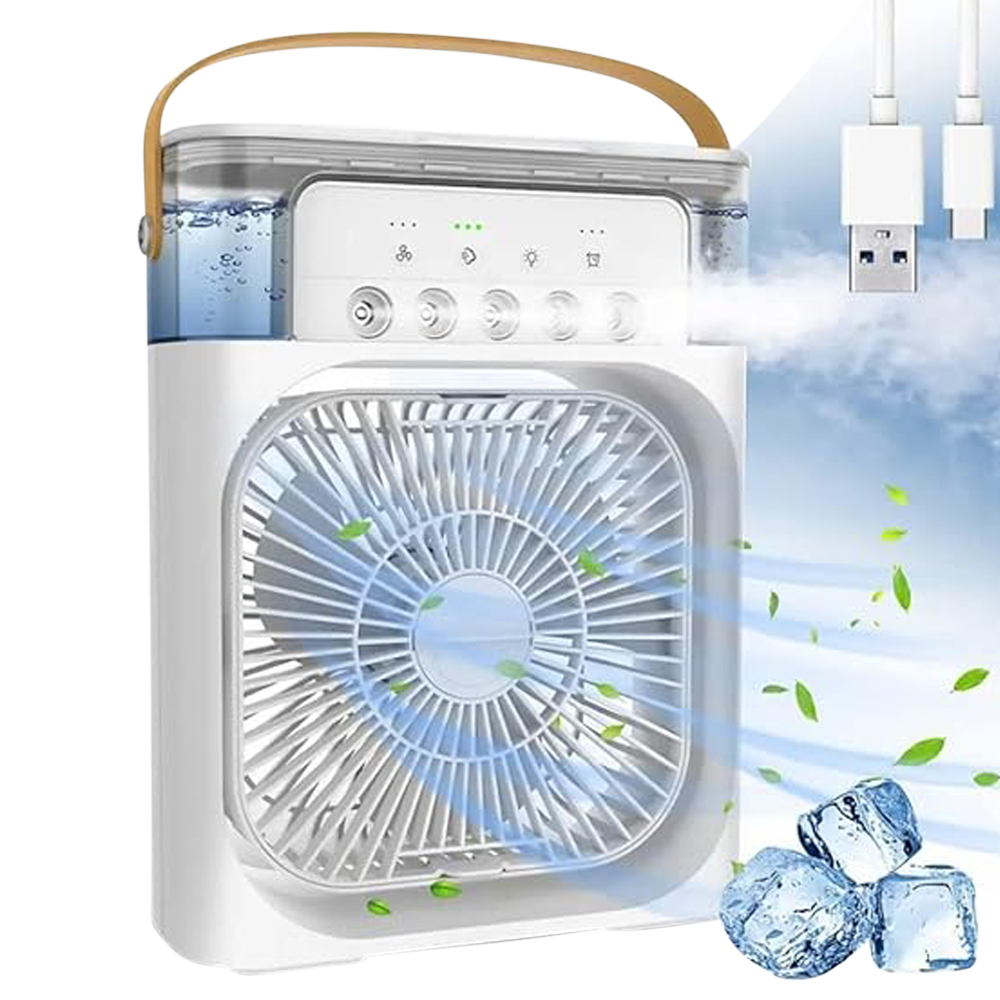 Rechargeable Air Cooler Fan with Humidifier showing a compact vertical white personal desktop air cooling fan with a top 600ml transparent water tank, five front ultrasonic mist spray nozzles, simple control buttons, a leather carry strap, and subtle glowing LED ambient accent lighting layout view