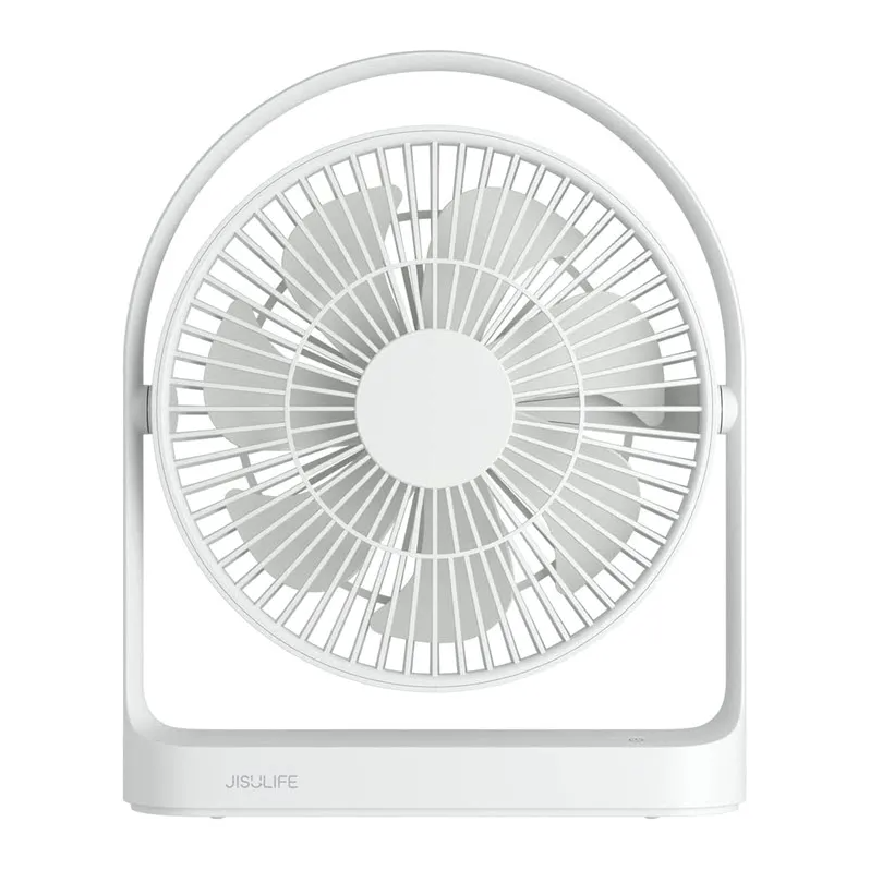 Screenshot_1-9 JISULIFE FA27 portable multi functional family cooling fan white color with wide angle automatic oscillation head stable non slip base small wireless remote control and Type-C charging port front view turn on