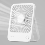 JISULIFE FA26A portable ultra-slim desk fan with 180 degree adjustable foldable stand flat base rechargeable battery LED speed indicators and Type-C charging cable turn on