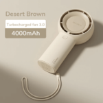 JISULIFE FA49 portable rechargeable handheld fan showing compact lightweight body handle multi speed control button quiet turbine cooling head 2000mah battery USB charging port front view lifestyle setup color choices