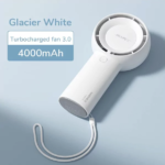 JISULIFE FA49 portable rechargeable handheld fan showing compact lightweight body handle multi speed control button quiet turbine cooling head 2000mah battery USB charging port front view lifestyle setup color choices