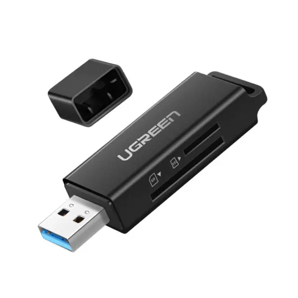 UGREEN 40752 black USB 3.0 dual memory card reader dongle showing the sleek ABS body with separate SD and TF micro SD card slots and the attached type-A cable connector line