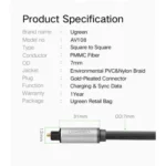 UGREEN 10542 Toslink Optical Audio Cable 1.5m black showing its premium square fiber-optic connectors and gold-plated tips in image_72eee5.png