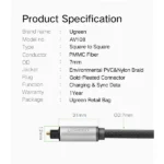 UGREEN 10541 Toslink Optical Audio Cable 3m black showing its premium square fiber-optic connectors and gold-plated tips in image_72eee5.png