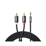 UGREEN 10749 3.5mm Male to 2RCA Male Audio Cable 1m Black showing its durable color-coded stereo jacks and gold-plated tips in image_72eee5.png