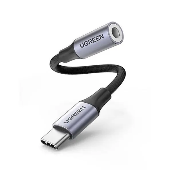UGREEN 80154 USB-C to 3.5mm M/F Cable 10cm Space Gray braided headphone adapter shown in image_72eee5.png