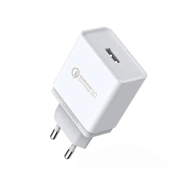 UGREEN 10133 QC3.0 USB Fast Charger EU White wall adapter featuring the single USB-A output port and prominent green QC3.0 accent line on a white background