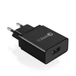 UGREEN CD122 70273 QC3.0 USB Fast Charger EU Black wall adapter showing the single USB-A fast charging port with a green internal accent tongue on a white background