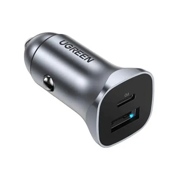 UGREEN 30780 Dual USB Car Charger Space Gray metallic adapter showing the dual USB Type-A ports and premium side contact pins on a white background