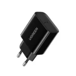 UGREEN 10191 Fast Charger EU Black wall block highlighting the dual charging output ports and sturdy round EU power pins on a seamless white background