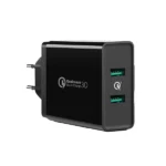 UGREEN 10216 USB Fast Charger EU Black wall charging block displaying its dual output ports and sturdy round power pins on a seamless white background