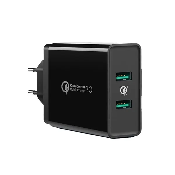 UGREEN 10216 USB Fast Charger EU Black wall charging block displaying its dual output ports and sturdy round power pins on a seamless white background