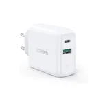 UGREEN CD170 60468 38W USB-C Wall Charger EU White dual port power adapter highlighting its USB-C Power Delivery and USB-A fast charging ports with sturdy round EU pins on a white background