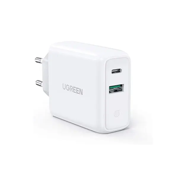 UGREEN CD170 60468 38W USB-C Wall Charger EU White dual port power adapter highlighting its USB-C Power Delivery and USB-A fast charging ports with sturdy round EU pins on a white background