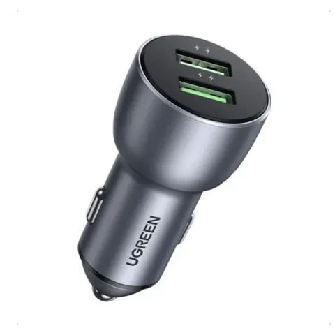 UGREEN CD213 10144 Fast Car Charger in elegant Dark Blue showing the dual fast charging outputs and heavy-duty spring-loaded side clips on a clean background